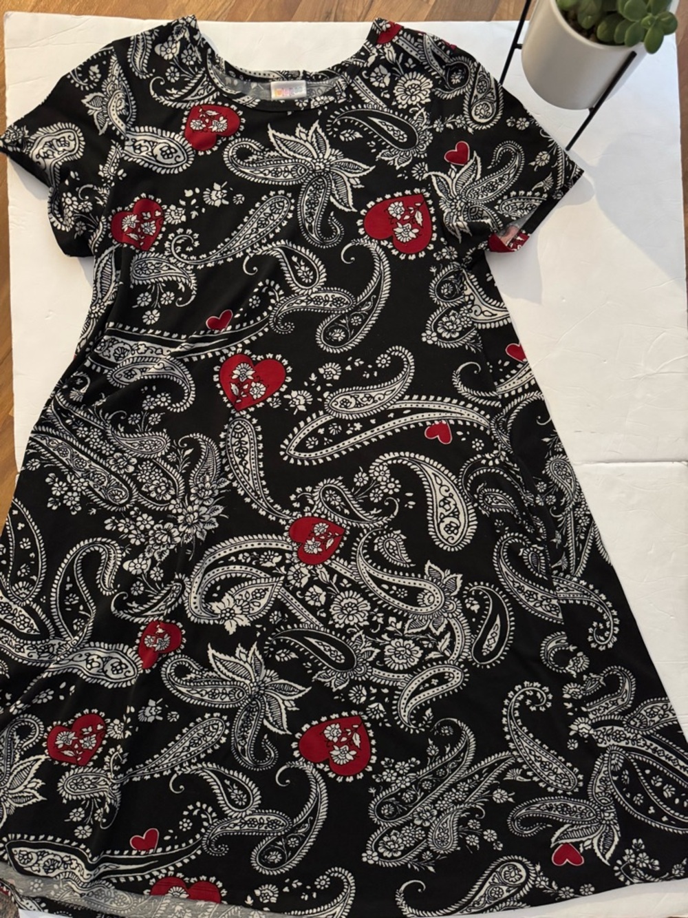 LuLaRoe Black Paisley Midi Dress with Red Heart Accents